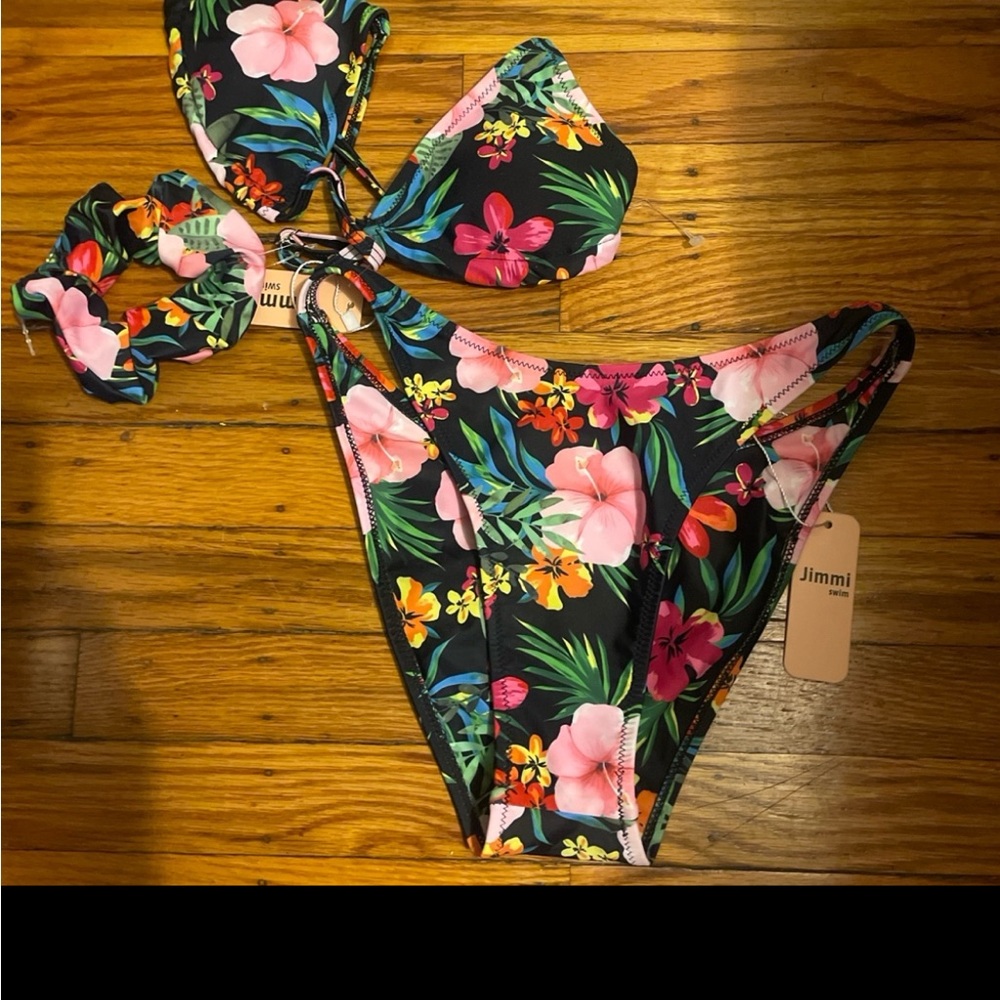 Jimmi swim Floral Bikini with matching hair scrunchie- Black and Pink